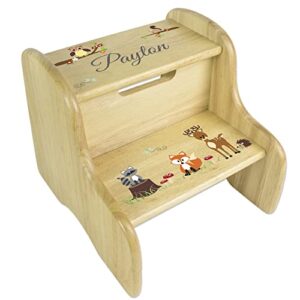 personalized child's woodland natural wood two step stool for baby gift toddler's nursery - deer fox owl