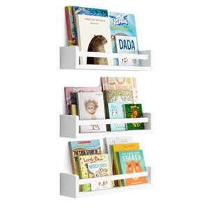 brightmaison nursery book shelves - floating wall shelves – baby, kids, nursery wall decor - wall mount book organizer storage ledge, display holder for toys - set of 3, ships assembled (white)