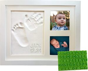 baby handprint & footprint keepsake photo frame kit - personalize it w/bonus stencil! non-toxic clay, wall/table wood picture frame. perfect registry, baby shower, new mom, birthday & newborn gift!
