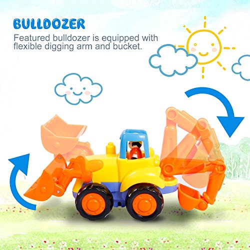 Friction Powered Cars, Push and Go Toy Trucks Construction Vehicles Toys Set for 1 2 3 Year Old Baby Toddlers Beach Dump Truck, Cement Mixer, Bulldozer, Tractor, Early Educational Gifts, A Set of 4