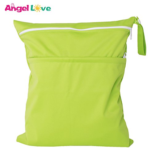 Wet Bags, Angel Love 2 Pack Baby Cloth Diaper Wet/Dry Bags with Two Zippered Pockets, Travel, Beach, Pool, Gym Bag for Swimsuits or Wet Clothes, Waterproof Washable Reusable, L0109