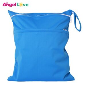 Wet Bags, Angel Love 2 Pack Baby Cloth Diaper Wet/Dry Bags with Two Zippered Pockets, Travel, Beach, Pool, Gym Bag for Swimsuits or Wet Clothes, Waterproof Washable Reusable, L0109