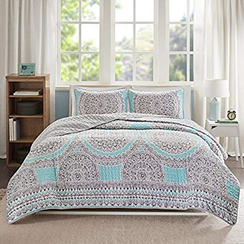 Comfort Spaces Reversible Quilt Set - Vermicelli Stitching Bohemian Design, All Season, Lightweight, Coverlet Bedspread Bedding, Shams, Twin/Twin XL(66"x90") Adele Aqua Medallion 2 Piece