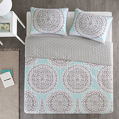 Comfort Spaces Reversible Quilt Set - Vermicelli Stitching Bohemian Design, All Season, Lightweight, Coverlet Bedspread Bedding, Shams, Twin/Twin XL(66"x90") Adele Aqua Medallion 2 Piece