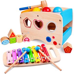 rolimate hammering pounding toys wooden educational toy xylophone shape sorter, birthday gift for 1 2 years boy girl baby toddler kids developmental montessori learning block toy fine motor (classic)