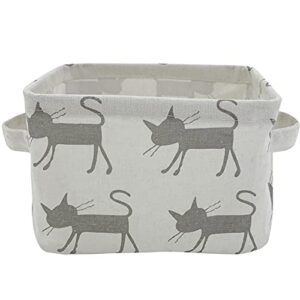 mziart small foldable canvas storage basket with handles, cotton linen storage bin organizer for nursery kids shelves & desks (grey cat)