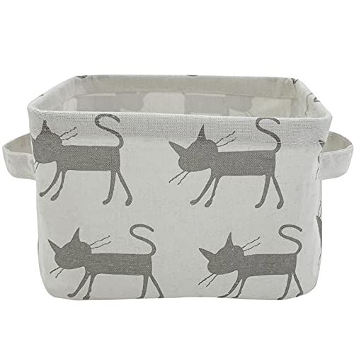 Mziart Small Foldable Canvas Storage Basket with Handles, Cotton Linen Storage Bin Organizer for Nursery Kids Shelves & Desks (Grey Cat)