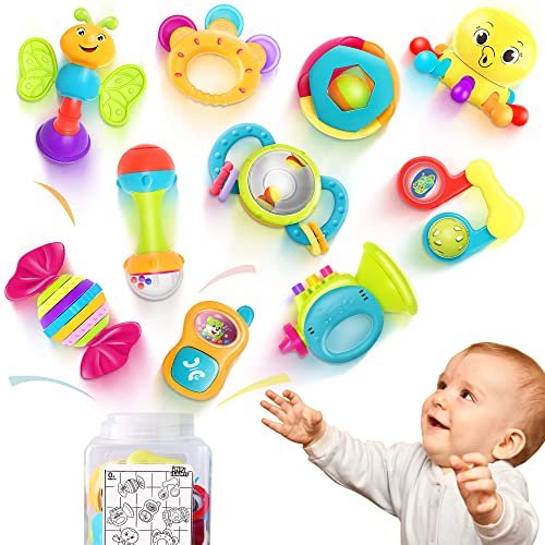 iPlay, iLearn 10pcs Baby Rattles Toys Set, Infant Grab N Shake Rattle, Sensory Teether, First Development Learning Music Toy, Newborn Birthday Gifts for 0 1 2 3 4 5 6 7 8 9 10 12 Month Babies Boy Girl