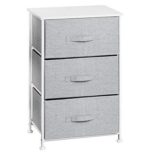 mDesign Vertical Dresser Storage Tower - Sturdy Steel Frame, Wood Top, Easy Pull Fabric Bins - Organizer Unit for Child/Kids Bedroom or Nursery - Textured Print - 3 Drawers - Gray/White