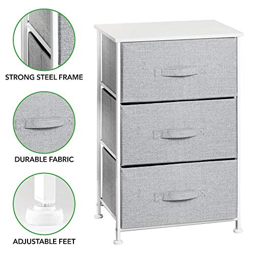 mDesign Vertical Dresser Storage Tower - Sturdy Steel Frame, Wood Top, Easy Pull Fabric Bins - Organizer Unit for Child/Kids Bedroom or Nursery - Textured Print - 3 Drawers - Gray/White