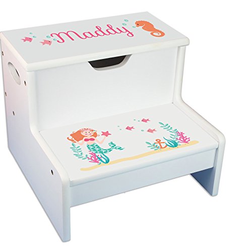 Personalized Mermaid Princess White Childrens Step Stool with Storage