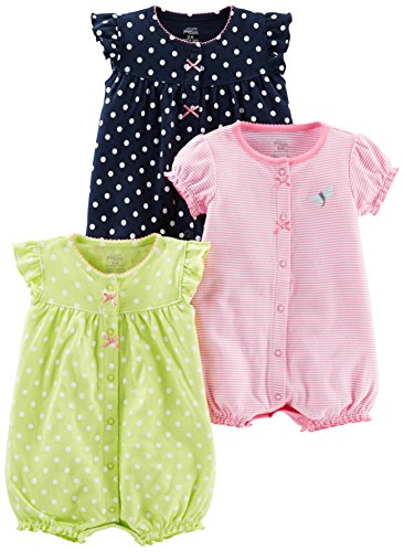 Simple Joys by Carter's Baby Girls' Snap-Up Rompers, Pack of 3, Green/Navy Dots/Pink Stripe, 3-6 Months