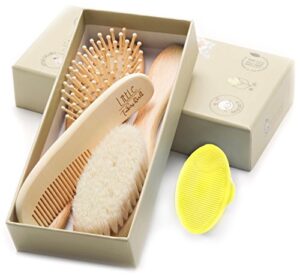 wooden baby hair brush and comb set (4-piece) for newborns and toddlers | ideal for baby cradle cap | wood bristles baby brush | baby massage and scalp brush | perfect for baby registry gift set