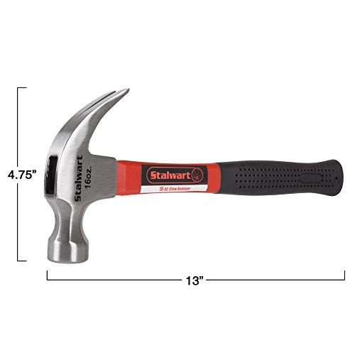 Fiberglass Claw Hammer with Comfort Grip Handle and Curved Rip Claw, 16 Oz - Durable Tool for Home Repair, DIY, Building, Woodwork by Stalwart (Red)