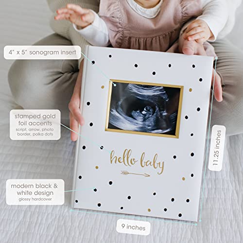 Pearhead First 5 Years Baby Memory Book, Gender-Neutral Baby Keepsake for New and Expecting Parents, Pregnancy And Milestone Journal, 50 Fill In Pages, Black and Gold Polka Dot