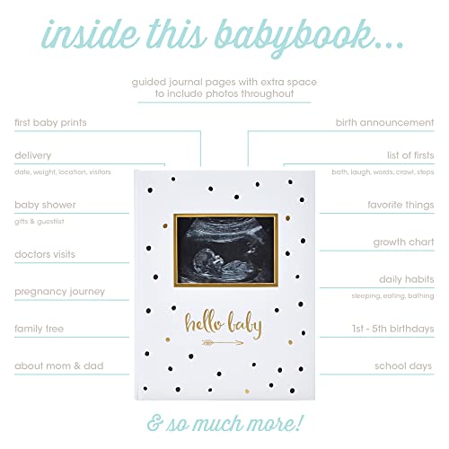 Pearhead First 5 Years Baby Memory Book, Gender-Neutral Baby Keepsake for New and Expecting Parents, Pregnancy And Milestone Journal, 50 Fill In Pages, Black and Gold Polka Dot