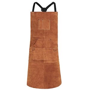 qeelink leather welding apron with 6 pockets - heat & flame-resistant apron, 24'' x 42'', adjustable m to xxxl