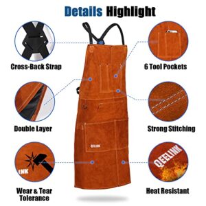 QeeLink Leather Welding Apron with 6 Pockets - Heat & Flame-Resistant Apron, 24'' X 42'', Adjustable M to XXXL