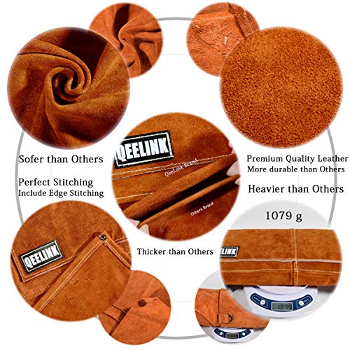 QeeLink Leather Welding Apron with 6 Pockets - Heat & Flame-Resistant Apron, 24'' X 42'', Adjustable M to XXXL