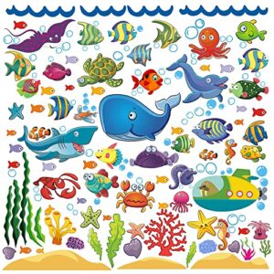 122 pcs under the sea fish wall decals for kids and toddlers' bathroom and nursery, easy peel and stick stickers with turtles, dophins, corals, and more, removable ocean themed décor