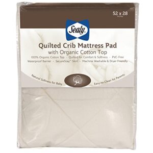 sealy quilted organic cotton top breathable waterproof fitted toddler bed and baby crib mattress pad cover protector, noiseless, machine washable and dryer friendly, 52 x 28 - cream