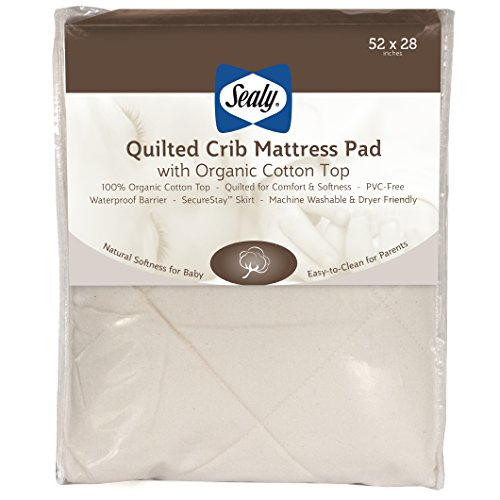 Sealy Quilted Organic Cotton Top Breathable Waterproof Fitted Toddler Bed and Baby Crib Mattress Pad Cover Protector, Noiseless, Machine Washable and Dryer Friendly, 52 x 28 - Cream