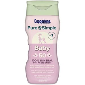 coppertone pure and simple sunscreen spf 50 lotion with zinc oxide mineral for babies, tear free, water resistant, broad spectrum, 6 fl oz bottle