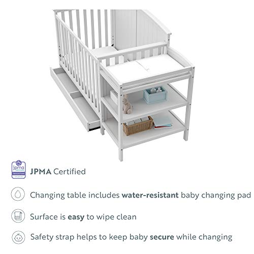 Storkcraft Steveston 5-in-1 Convertible Crib and Changer with Drawer (White) – GREENGUARD Gold Certified, Crib and Changing Table Combo with Drawer, Converts to Toddler Bed, Daybed and Full-Size Bed