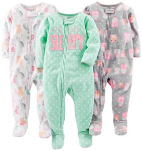 simple joys by carter's baby girls' loose-fit flame resistant fleece footed pajamas, pack of 3, owl/cat/dots, 18 months