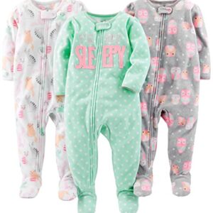Simple Joys by Carter's Baby Girls' Loose-Fit Flame Resistant Fleece Footed Pajamas, Pack of 3, Owl/Cat/Dots, 18 Months