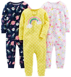simple joys by carter's baby girls' snug-fit footless cotton pajamas, pack of 3, dinosaur/space/rainbow, 18 months