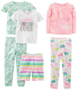 simple joys by carter's baby, toddler and girls' 6-piece snug fit cotton pajama set, dinosaur/rainbow/unicorn, 5t