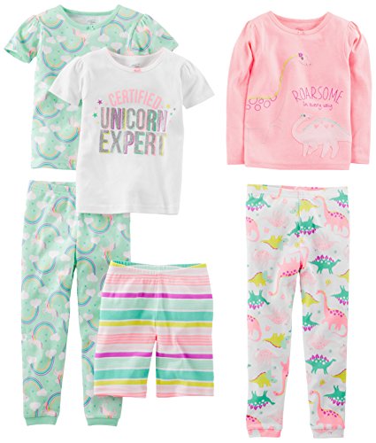 Simple Joys by Carter's Baby, Toddler and Girls' 6-piece Snug Fit Cotton Pajama Set, Dinosaur/Rainbow/Unicorn, 5T