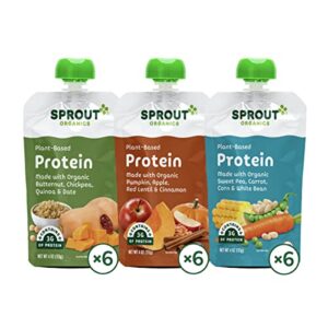 sprout organic baby food, stage 3 pouches, butternut chickpea, pumpkin red lentil and sweet pea white bean variety pack, 4 oz purees (pack of 18)