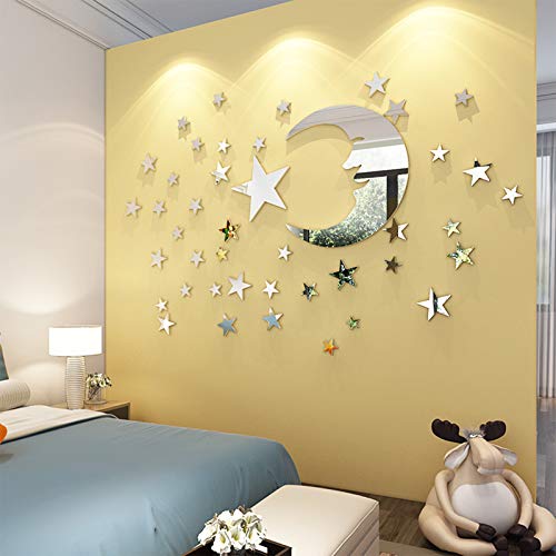 Moon and Stars Wall Stickers - 30cm Largest Moon with 66 Pieces Different Size Stars - for Baby Kid Room Decoration - Fairy Atmosphere Creation Perfect Birthday Holiday Christmas Gift