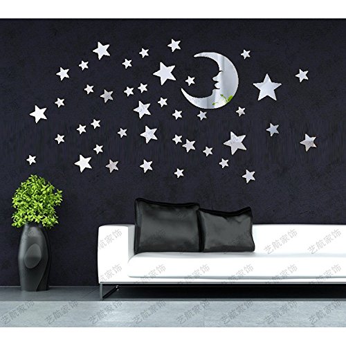 Moon and Stars Wall Stickers - 30cm Largest Moon with 66 Pieces Different Size Stars - for Baby Kid Room Decoration - Fairy Atmosphere Creation Perfect Birthday Holiday Christmas Gift