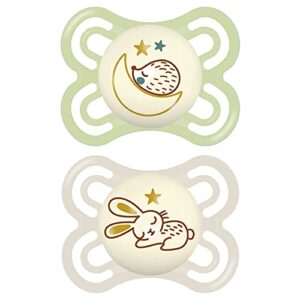 MAM Perfect Night Baby Pacifier, Patented Nipple, Glows in the Dark, 2 Pack, 0-6 Months, Unisex