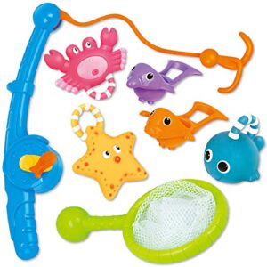 Bath Toy, Fishing Floating Squirts Toy and Water Scoop with Organizer Bag(8 Pack), KarberDark Fish Net Game in Bathtub Bathroom Pool Bath Time for Kids Toddler Baby Boys Girls, Bath Tub Spoon