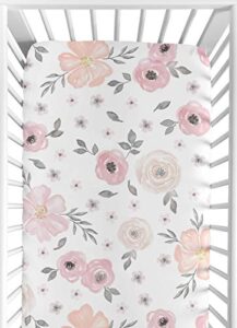 blush pink, grey and white baby or toddler fitted crib sheet for watercolor floral collection by sweet jojo designs