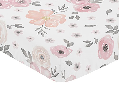 Blush Pink, Grey and White Baby or Toddler Fitted Crib Sheet for Watercolor Floral Collection by Sweet Jojo Designs