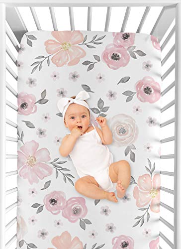 Blush Pink, Grey and White Baby or Toddler Fitted Crib Sheet for Watercolor Floral Collection by Sweet Jojo Designs