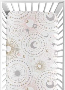 blush pink, gold, grey and white star and moon baby or toddler fitted crib sheet for celestial collection by sweet jojo designs