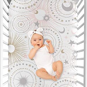 Blush Pink, Gold, Grey and White Star and Moon Baby or Toddler Fitted Crib Sheet for Celestial Collection by Sweet Jojo Designs