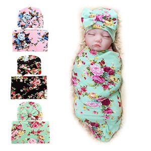 DRESHOW BQUBO Newborn Floral Receiving Blankets Newborn Baby Swaddling Hats Sleepsack Toddler Warm 3 Pack