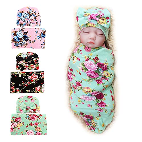 DRESHOW BQUBO Newborn Floral Receiving Blankets Newborn Baby Swaddling Hats Sleepsack Toddler Warm 3 Pack