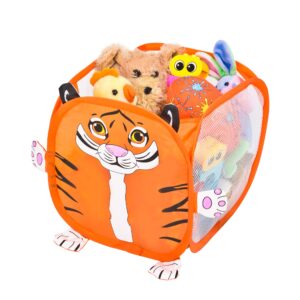 smart design kids pop up organizer with animal print - ventilair mesh netting - for toddlers, baby clothes, plushies, and toys - home organization - cube - 10.5 x 11 inch - orange tiger