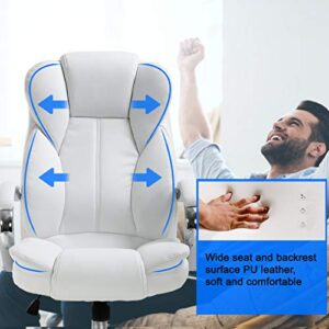 Ergonomic Office Chair Cheap Desk Chair PU Leather Computer Chair Executive Adjustable High Back PU Leather Task Rolling Swivel Chair with Lumbar Support for Women Men, White