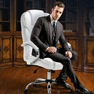 Ergonomic Office Chair Cheap Desk Chair PU Leather Computer Chair Executive Adjustable High Back PU Leather Task Rolling Swivel Chair with Lumbar Support for Women Men, White