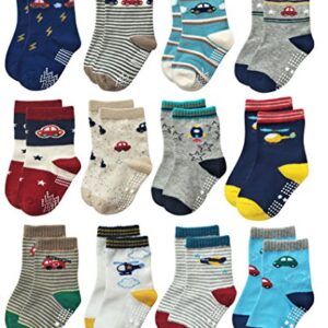 RATIVE Anti Skid Non Slip Slipper Cotton Crew Dress Socks With Grips For Baby Walker Toddlers Kids Boys 2T 3T (1-3T, 12-pairs/RB-71112)