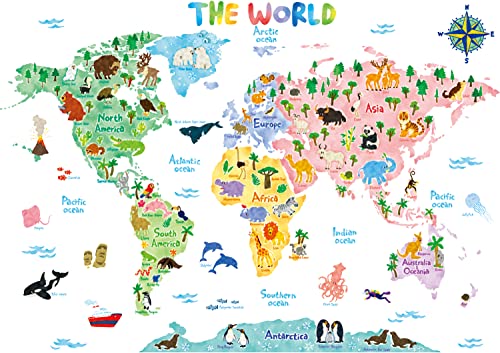 DECOWALL BS-1615S Animal World Map Kids Wall Stickers Wall Decals Peel and Stick Removable Wall Stickers for Kids Nursery Bedroom Living Room (Large) décor